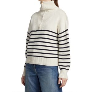 Cream and Black Striped Nautical Quarter-Zip Funnel Neck Cashmere Sweater M/L